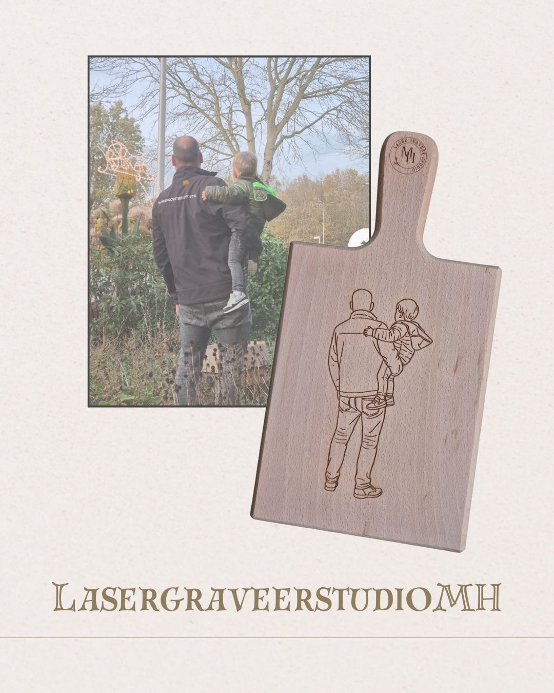 Persoonlijke serveerplank van beukenhout met gegraveerde lijntekening van foto – LasergraveerstudioMH